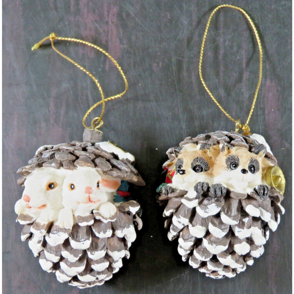 Vintage Woodland Pinecone Ornament Raccoon and Rabbit Bunny Babies Lot of 2 - Picture 1 of 9
